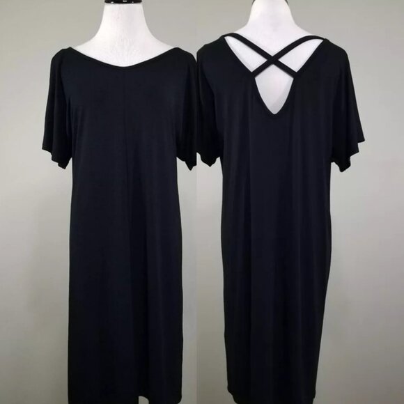 New Adrienne Vittadini Black Tunic Dress Flutter Slv Crisscross Back M LBD Shift - Picture 1 of 14